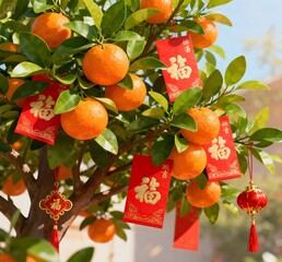 Mandarin Orange Tree Branch with Red Envelopes for Chinese New Year Celebration