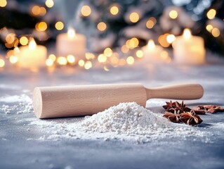 A wooden rolling pin lies on a surface dusted with flour, next to star anise and cinnamon sticks, with a bokeh background of festive lights and candles.