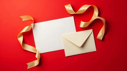 Theme Christmas, blank card and envelope on vibrant red background with golden ribbon for invitations and special occasions