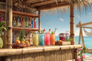 Colorful tropical cocktails at a beach bar with stunning ocean view and clear blue sky