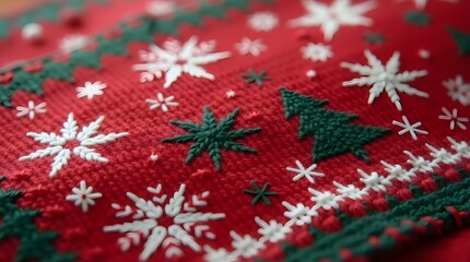 Cozy knitted festive Christmas sweater detail with snowflakes and evergreen trees perfect for holiday cheer