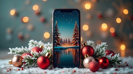 Theme Christmas trees and lake view displayed on cell phone with festive ornaments and lights.