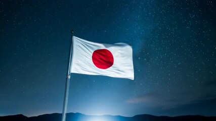 Japan flag waving freely under starlit night sky, a symbol of independence and national pride for celebration
