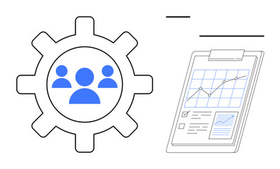 Gear with team icons symbolizing collaboration beside a clipboard with charts, data points, and checklists. Ideal for workflow, management, teamwork, data analytics, productivity, strategy simple