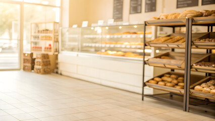 Fototapeta premium Blurred bakery interior, fresh bread on shelves, warm sunlight