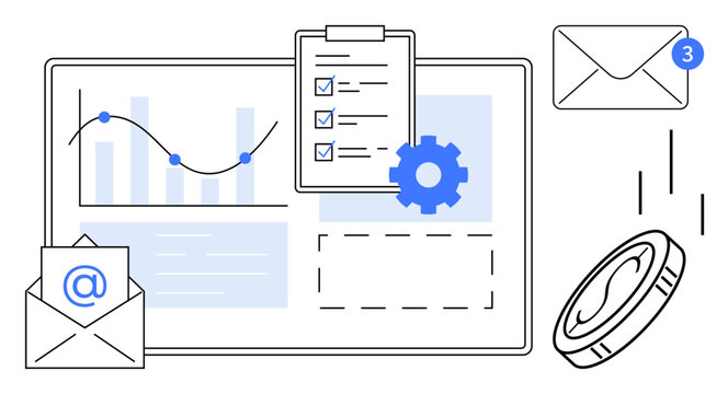 Graph on monitor, checklist clipboard, envelopes with notifications, coin, gear. Ideal for business, analysis, communication teamwork finance productivity organization. Simple flat metaphor