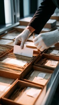 A professional archivist sorts and examines vintage paper files in a well lit archive room, ensuring preservation and order. The scene highlights meticulous document management and historical research