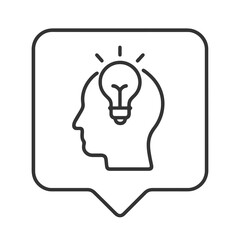 Minimalist line vector of a head with a bulb in square pin shape, representing development, innovation, and knowledge expansion.