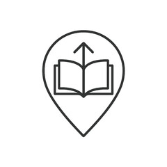 Thin-line open book with arrow icon inside a square pin, symbolizing learning and growth. Perfect for e-learning dashboards and skill development platforms.