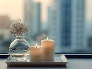 Relaxing candle setup by window city bokeh background