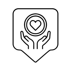 Minimalist line vector of a heart coin with hands in a square pin, representing generosity, community aid, and donation-based support.