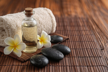 Natural spa composition with oil towel and stones calm mood