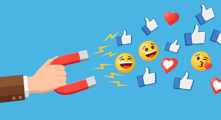 Businessman hand holding a magnet attracting social media likes and emojis.