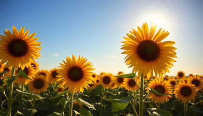 Fototapeta premium Sunflowers or helianthus at sunset, field of beautiful yellow flowers in sunshine against a blue sky and sun with rays, nature photography suitable for wallpaper or desktop background, studio lighti