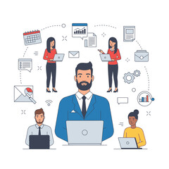 Diverse team collaborating on a business project using laptops.