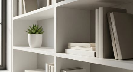 Clean white bookshelf with books and a green potted plant in a well-lit room