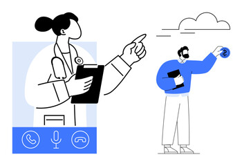 Female doctor holding clipboard, patient interacting digitally, icons for call and mic, cloud. Ideal for telemedicine, healthcare, technology, connection remote work online services teamwork. Flat