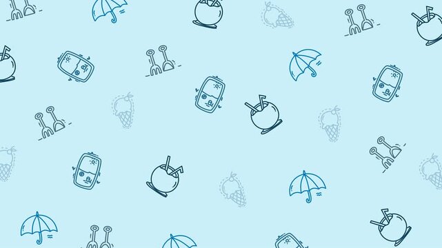 Beach Holiday Seamless Pattern with Coconut Drink, Ice Cream, and Umbrella Icons