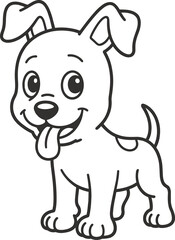 Cartoon puppy coloring page, cute dog outline, smiling pet character, kids activity, black and white, playful design, fun sketch