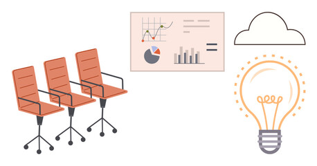 Fototapeta premium Three office chairs face a chart with data analysis visuals, a cloud for digital tech, and a glowing light bulb symbolizing ideas. Ideal for business strategy, innovation, teamwork, meetings