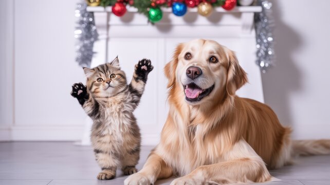 Golden retriever and tabby cat joyfully posing together in festive holiday setting, surrounded by colorful ornaments and Christmas decorations, celebrating the spirit of Christmas and New Year