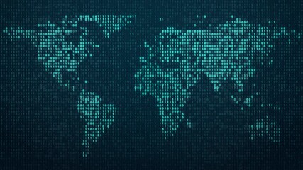 Binary world map  animation loop can be used in cybersecurity visuals, global data networks, digital communication projects, and information technology concepts - Powered by Adobe