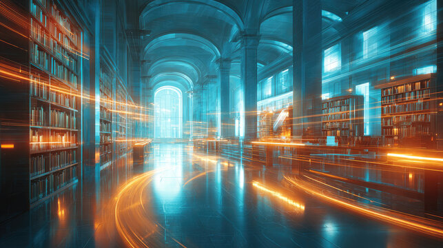 Unique collage of book collection in innovative library concept. Futuristic library interior with glowing books and vibrant light trails.