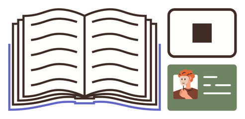 Open book with lines, ID card featuring avatar, and a barcode square. Ideal for education, identity, reading, access, learning verification and security. A simple flat metaphor
