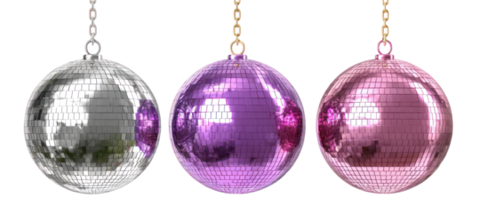 Three oval disco balls hanging isolated on transparent background