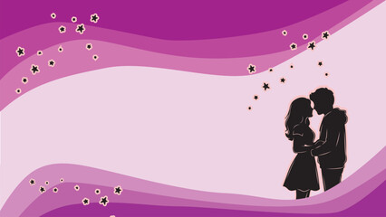 Romantic vector template. Features a couple silhouette with wavy purple layers and scattered stars. Excellent copy space in the center. Ideal for Valentine's Day, wedding announcements.