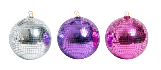 Three disco ball ornaments in silver purple and pink isolated on transparent background