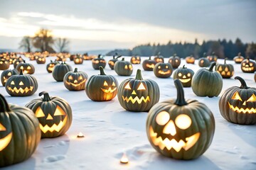 Carved halloween pumpkins glowing in the snow at dusk