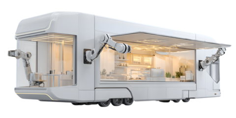 Futuristic food truck isolated on transparent background with robotic arms serving food
