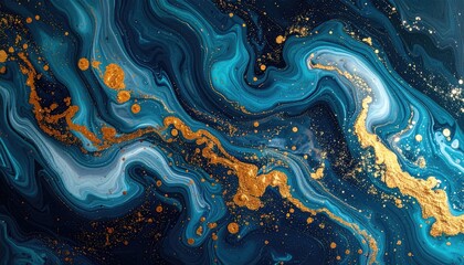 Abstract swirling blues & gold, fluid, marbled effect.