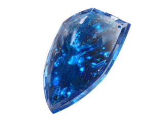 Futuristic shield with glowing blue circuit patterns isolated on transparent background