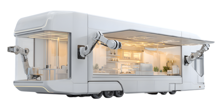 Futuristic food truck isolated on transparent background with robotic arms serving food