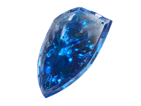 Futuristic shield with glowing blue circuit patterns isolated on transparent background