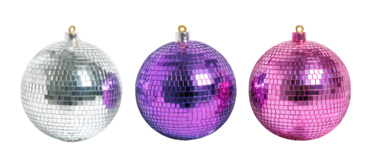 Three oval disco ball ornaments in silver purple and pink isolated on transparent background