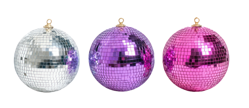 Three oval disco ball ornaments in silver purple and pink isolated on transparent background
