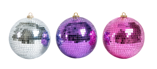 Three oval disco ball ornaments in silver purple and pink isolated on transparent background