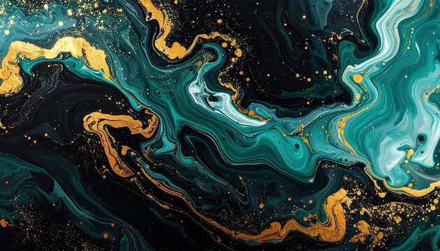 Fluid teal, gold, & black swirls, like elegant marbled stone