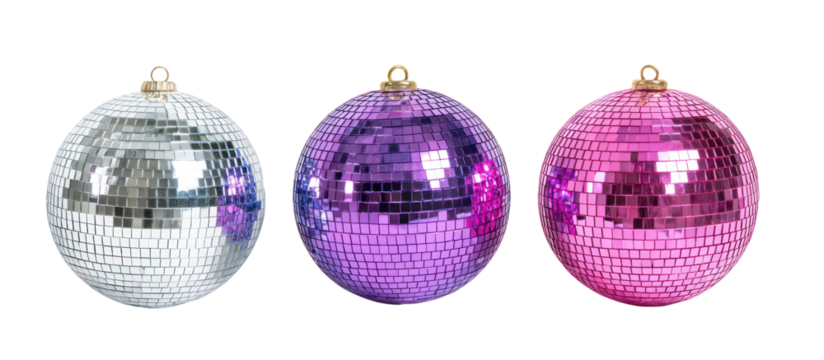 Three oval disco ball ornaments in silver purple and pink isolated on transparent background