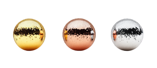 Three textured oval shapes in gold copper and silver isolated on transparent background