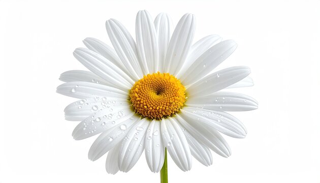 Daisy. Pure white petals, vibrant yellow center, water droplets
