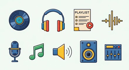 A collection of colorful music and audio related icons including headphones, microphone, speaker, and vinyl record.