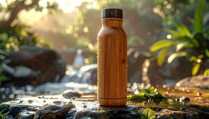 Natural bamboo water bottle for sustainable hydration, placed on a wet stone in a serene forest stream with beautiful morning light