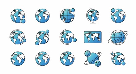 A collection of various blue and white globe icons and world map illustrations representing global communication, travel, and international concepts.
