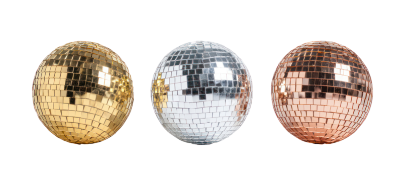 Three disco balls in gold silver and rose gold isolated on transparent background