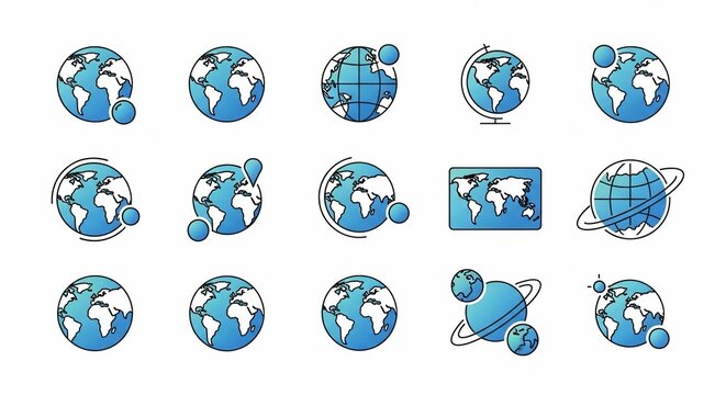A collection of various blue and white globe icons and world map illustrations representing global communication, travel, and international concepts.