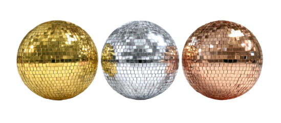 Three glittering easter eggs in gold silver and copper isolated on transparent background